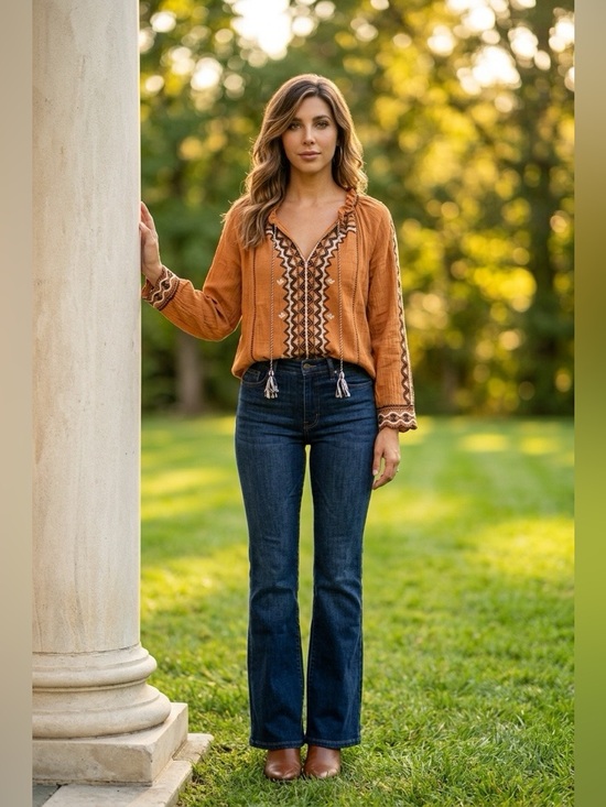 ba&sh Tops - ba&sh Rust Embroidered Boho Peasant Blouse Tassel Tie Tunic Top
